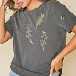 Embellished Lightning Bolt Distressed Tee